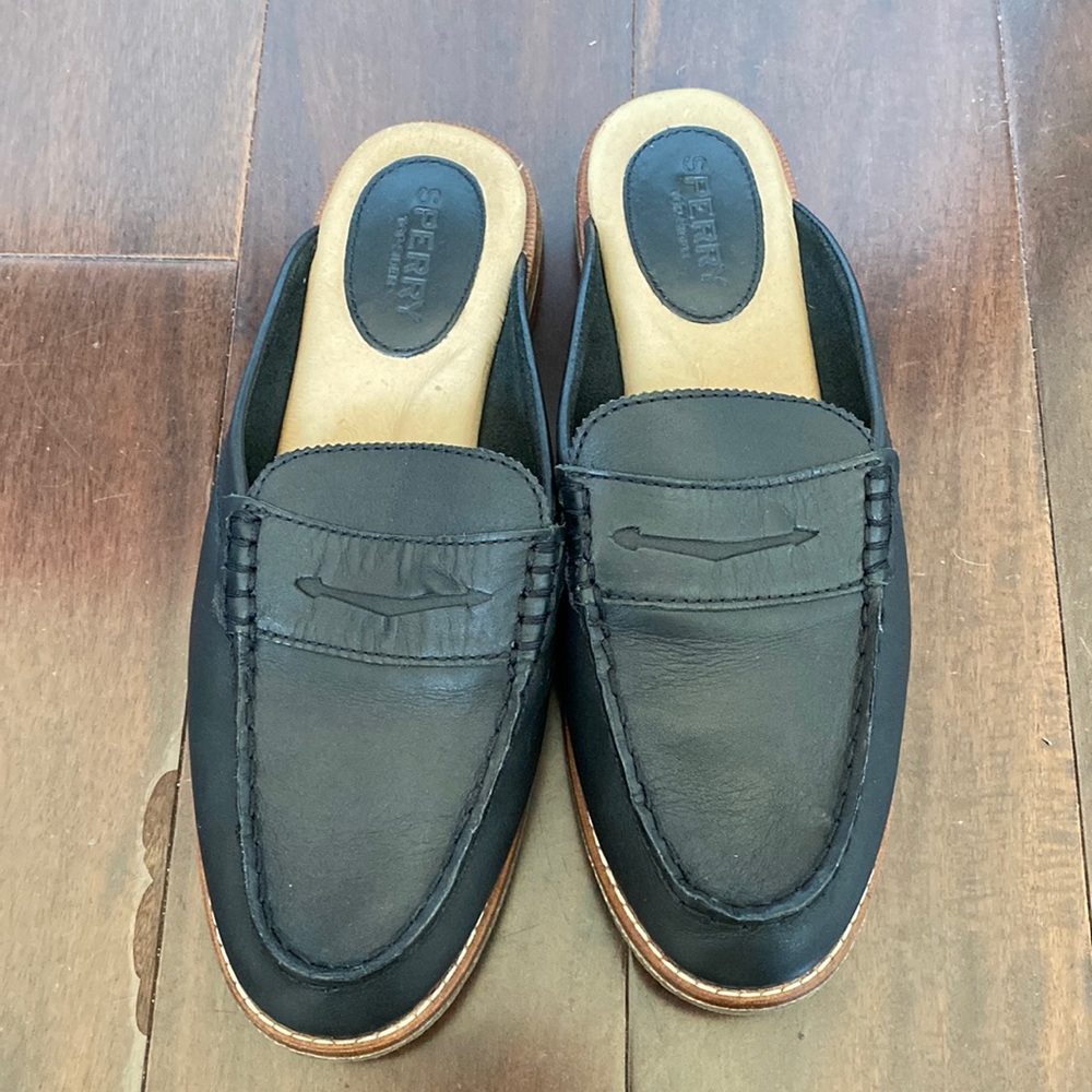 Sperry black leather mules